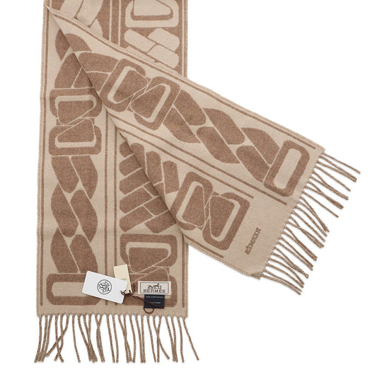 HERMES Cashmere Scarf Clic Se Nue Marron Grasset/Craie Silk100%