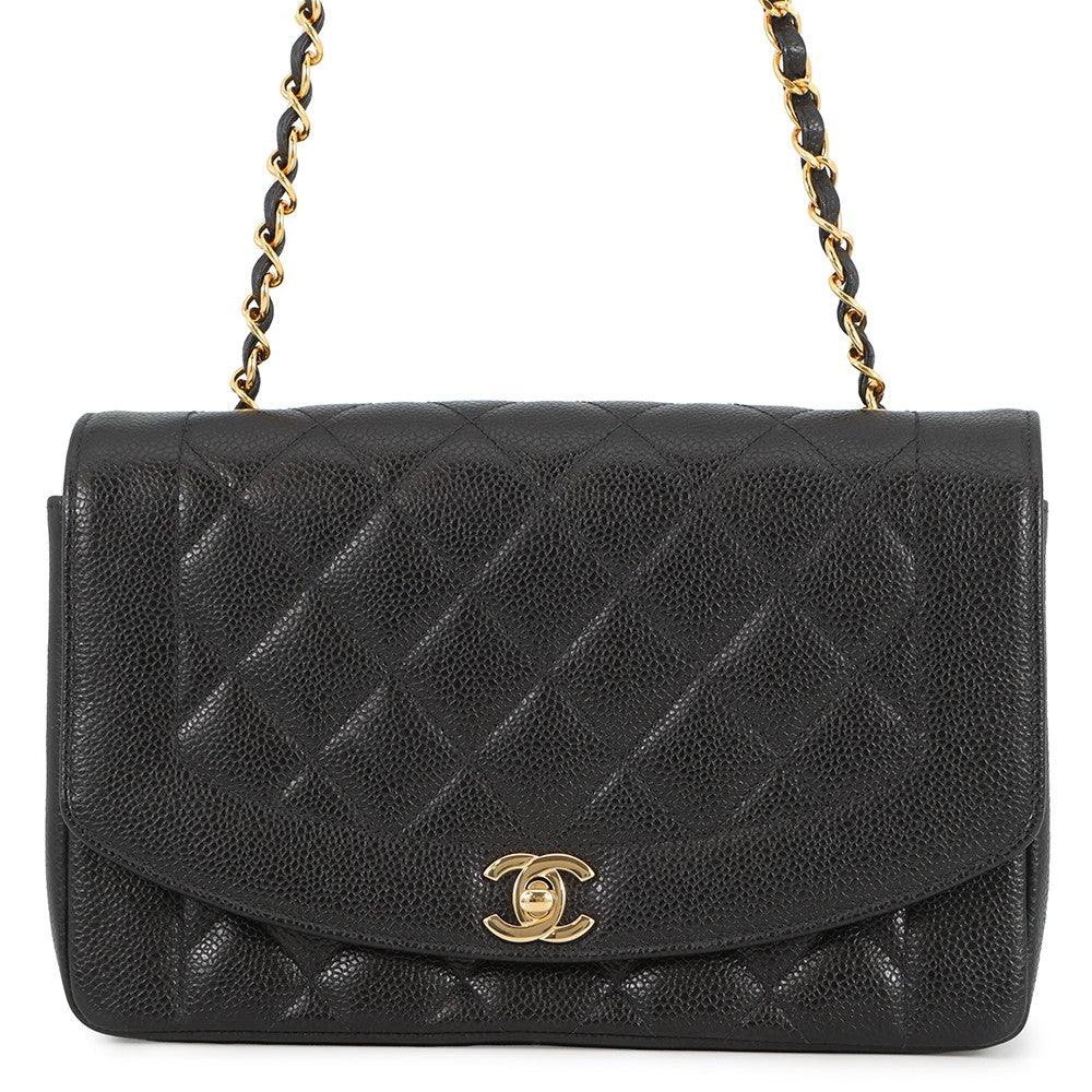 CHANEL Matelasse Diana Single Flap Chainshoulder Bag BlackA01165 Caviar Leather Size 25