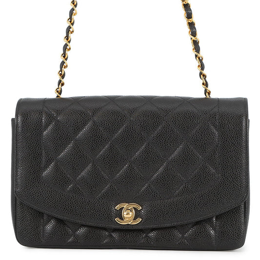 CHANEL Matelasse Diana Single Flap Chainshoulder Bag BlackA01165 Caviar Leather Size 25