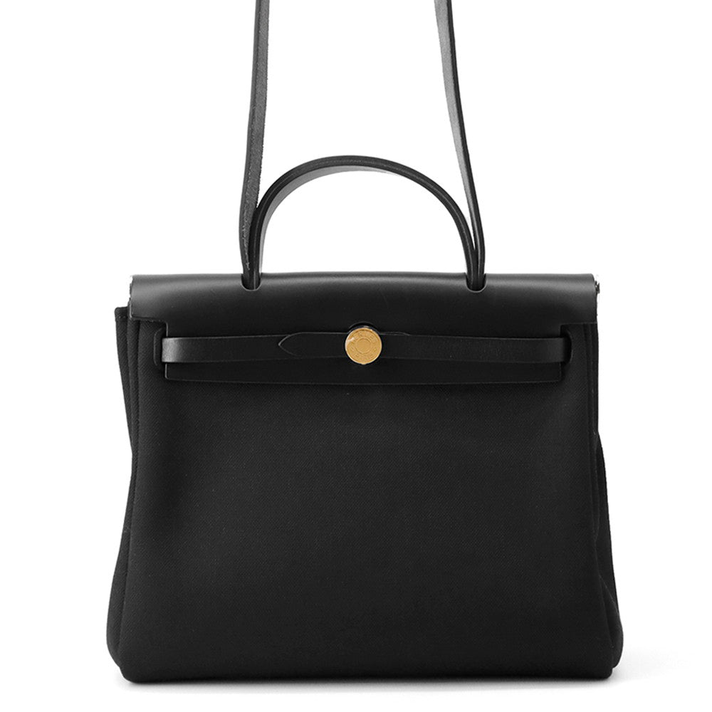 HERMES Herbag Zip Le Tournet Black Toile Military Vache Hunter Leather Size PM