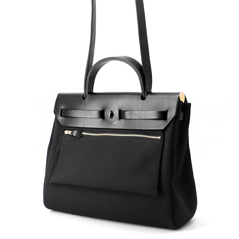 HERMES Herbag Zip Le Tournet Black Toile Military Vache Hunter Leather Size PM