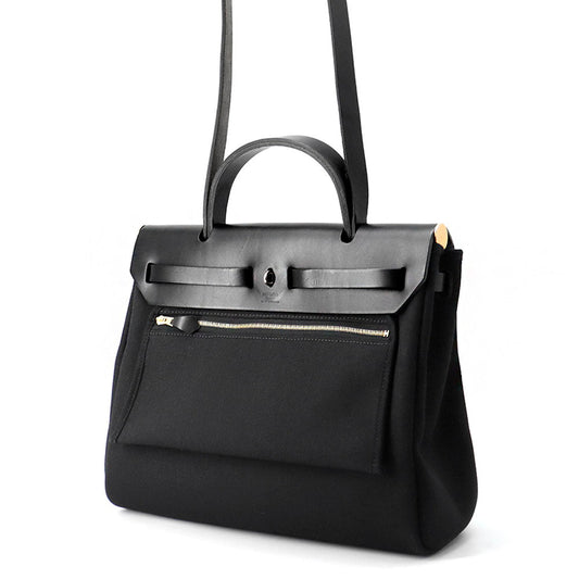 HERMES Herbag Zip Le Tournet Black Toile Military Vache Hunter Leather Size PM