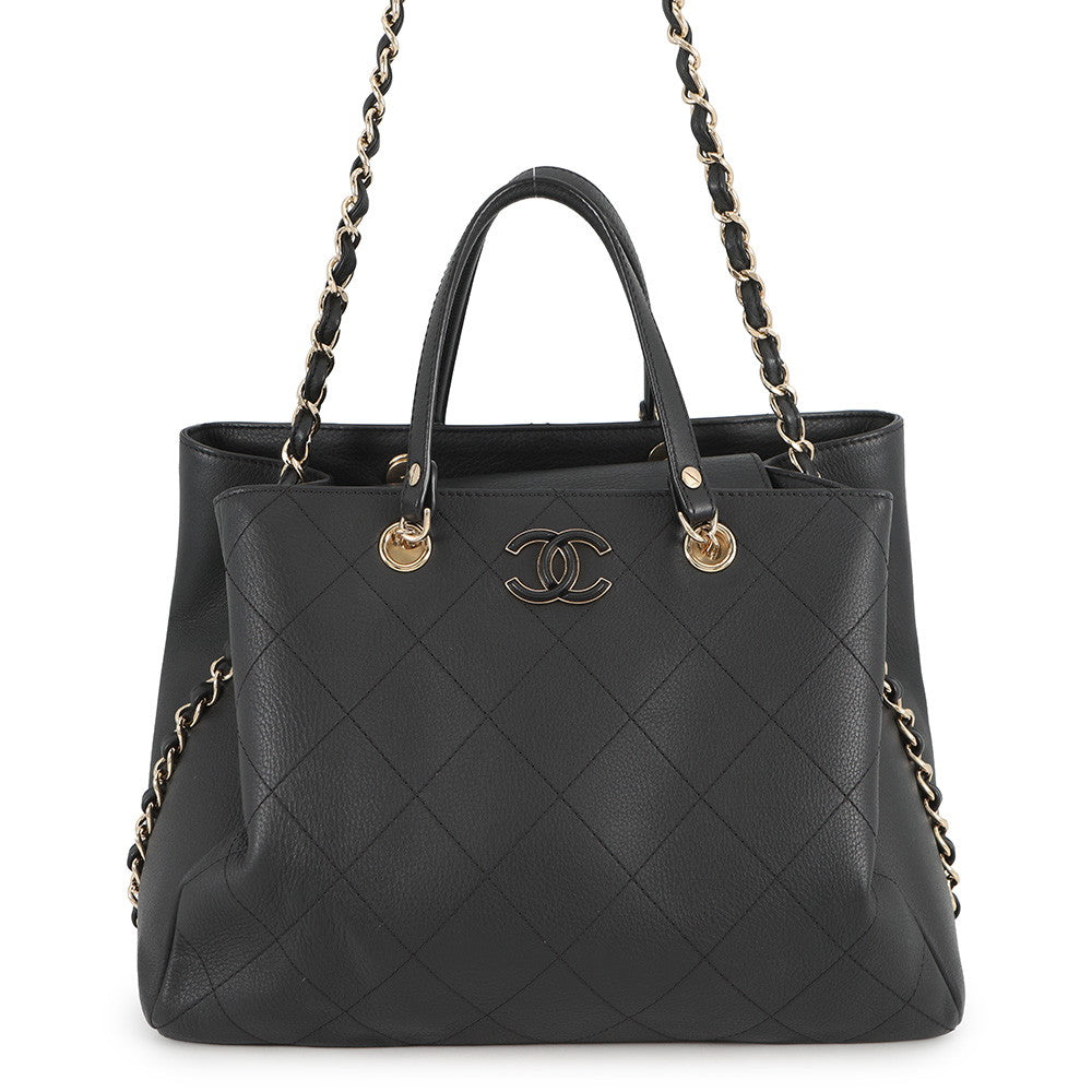 CHANEL Matelasse Shopping Tote Bag BlackAS0356 Calf Leather Size Medium