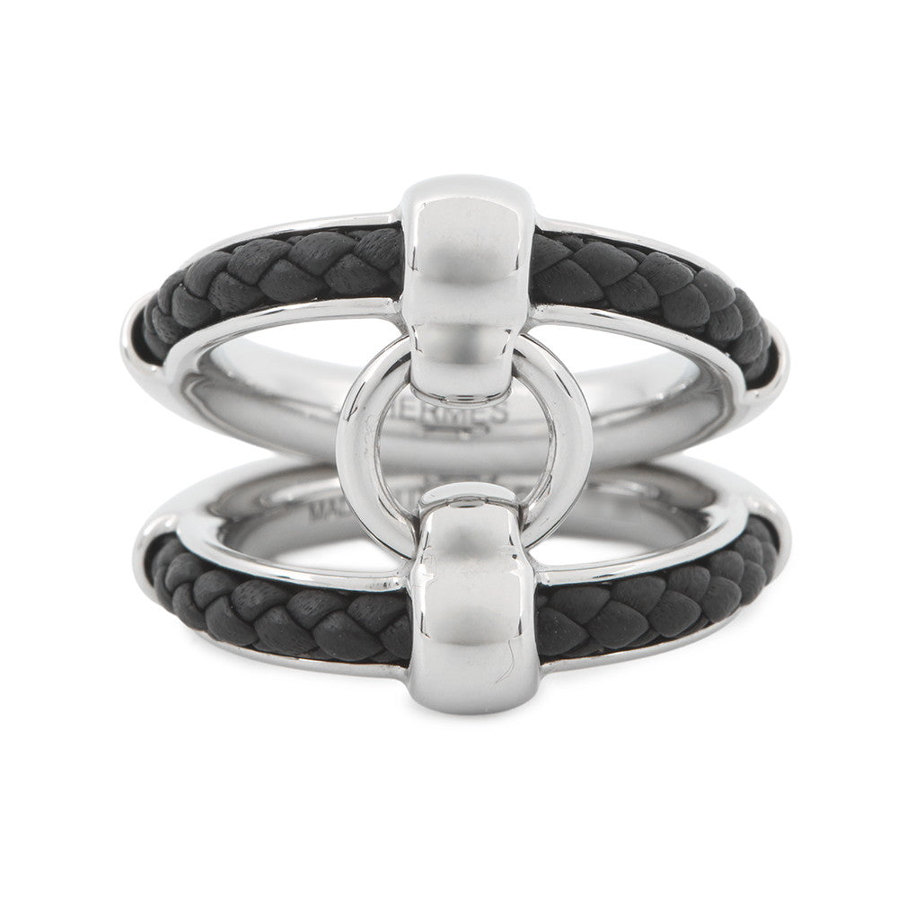 HERMES Fribustier Ring Size 58 Black Metal Leather