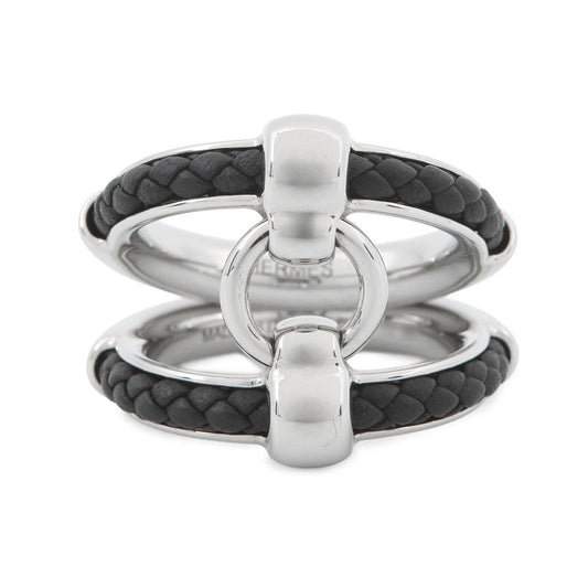 HERMES Fribustier Ring Size 58 Black Metal Leather