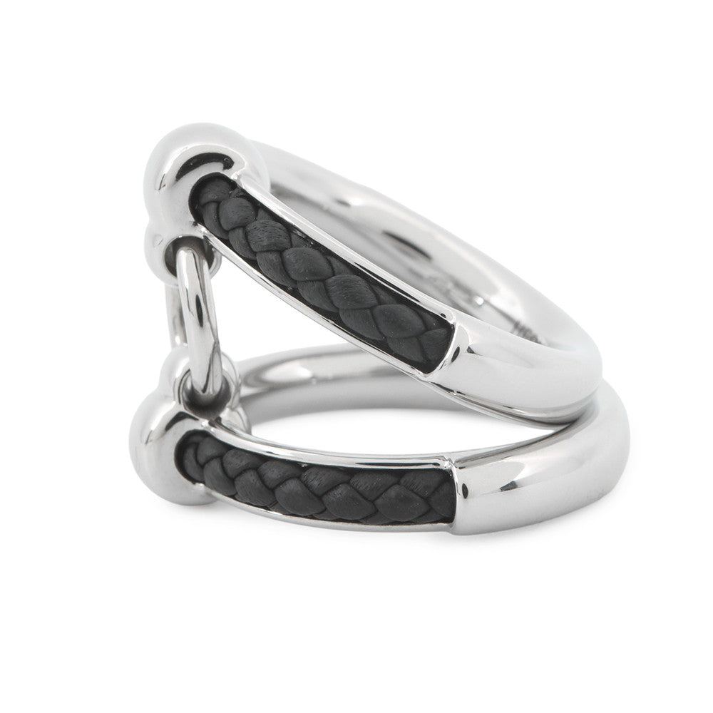 HERMES Fribustier Ring Size 58 Black Metal Leather