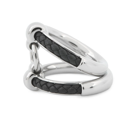 HERMES Fribustier Ring Size 58 Black Metal Leather