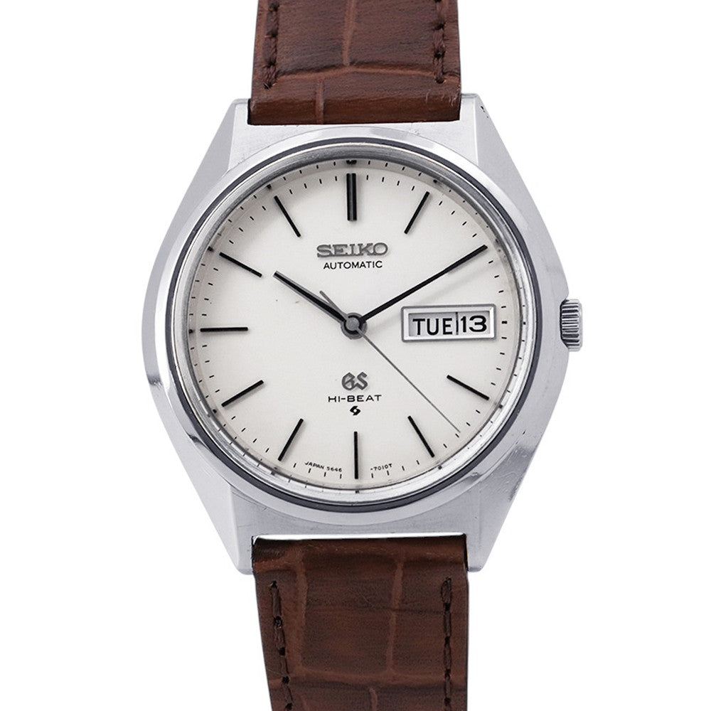 SEIKO Grand SEIKO Hi-Beat Medallion Day-Date W36mm Stainless Steel Leather Silver Dial5646-7010