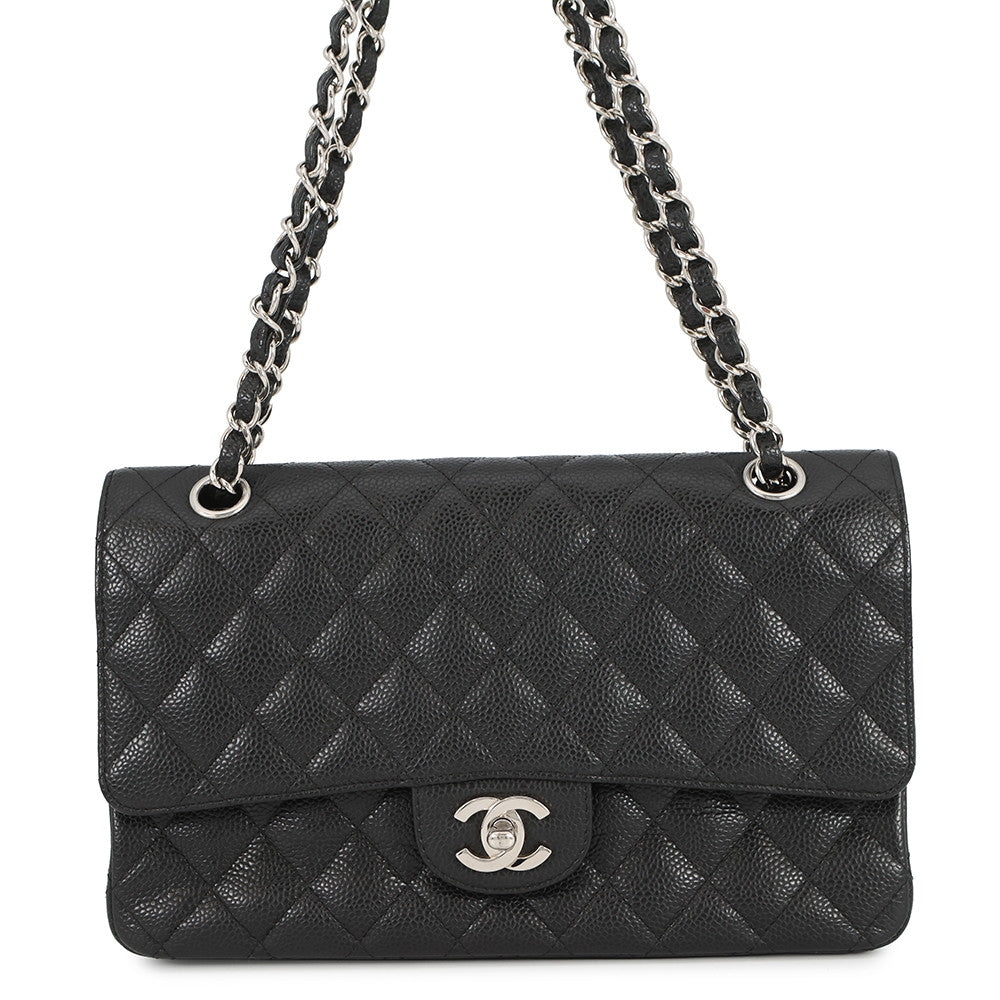 CHANEL Matelasse Double Flap ChainShoulder Bag BlackA01112 Caviar Leather Size 25