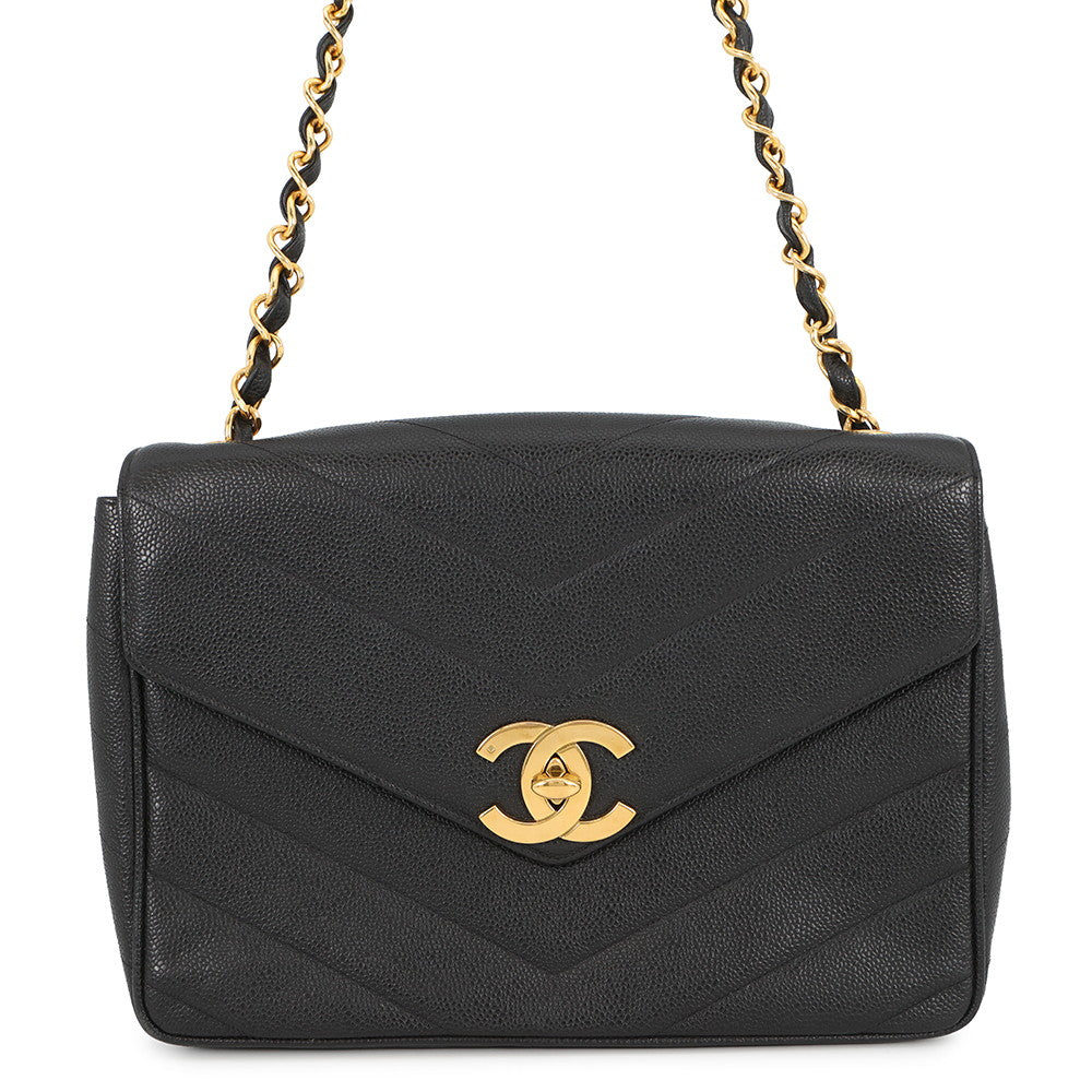 CHANEL Chevron Flap ChainShoulder Bag Black Caviar Leather