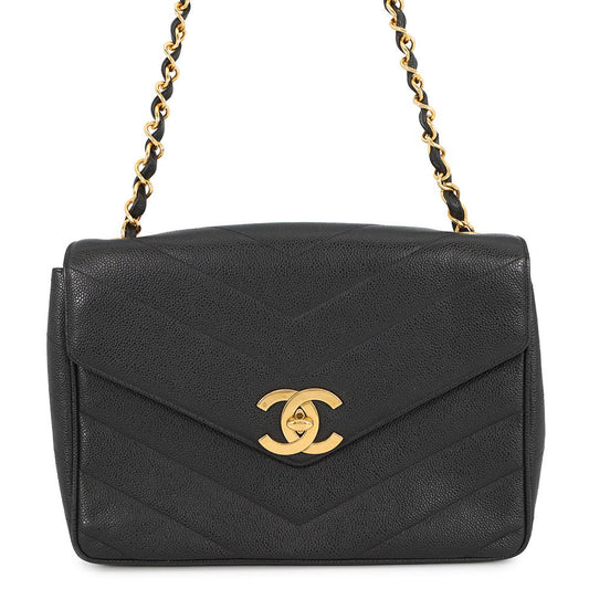 CHANEL Chevron Flap ChainShoulder Bag Black Caviar Leather