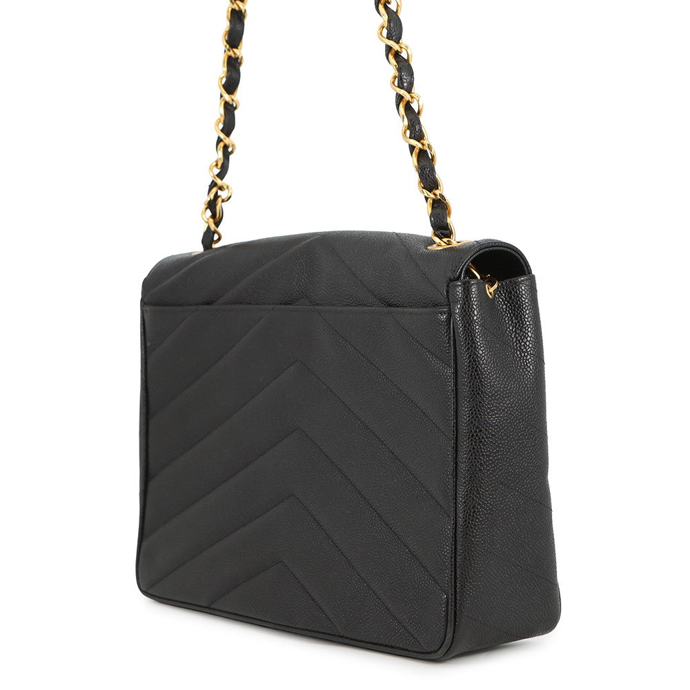 CHANEL Chevron Flap ChainShoulder Bag Black Caviar Leather