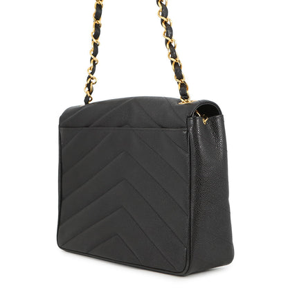 CHANEL Chevron Flap ChainShoulder Bag Black Caviar Leather