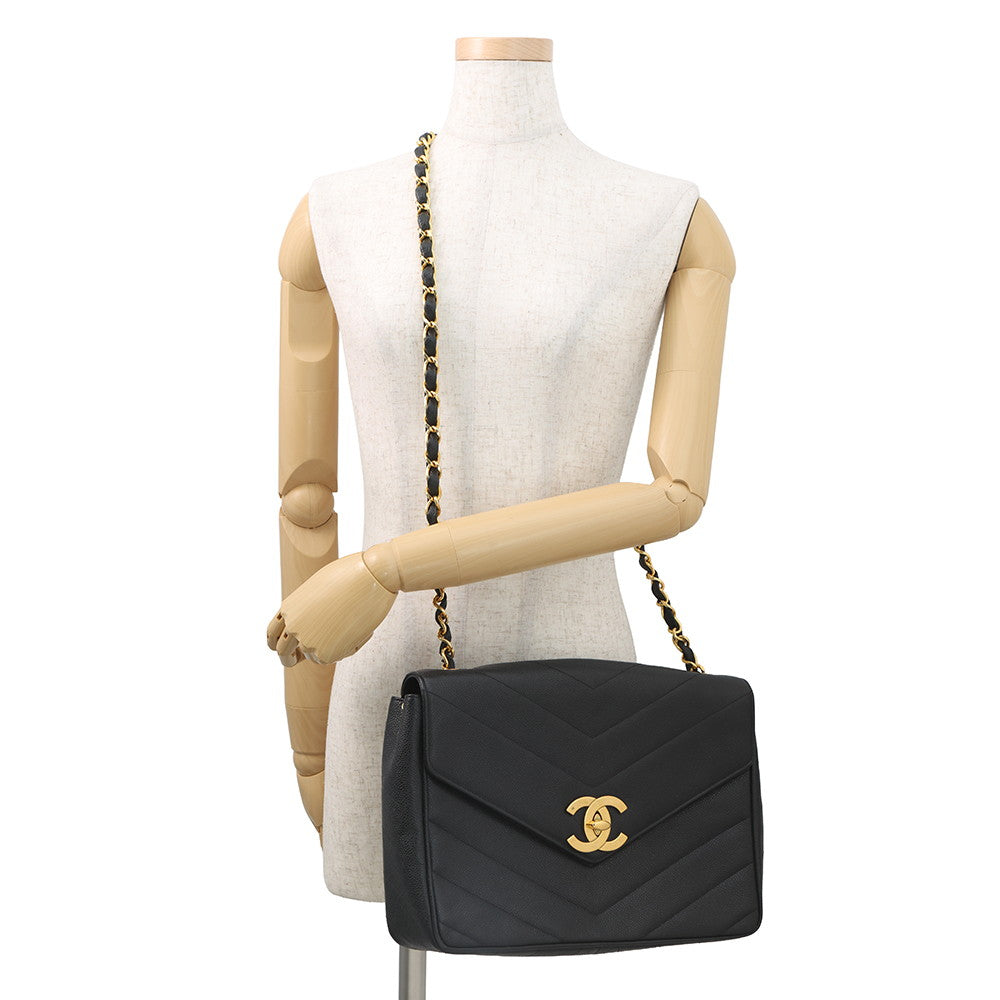 CHANEL Chevron Flap ChainShoulder Bag Black Caviar Leather