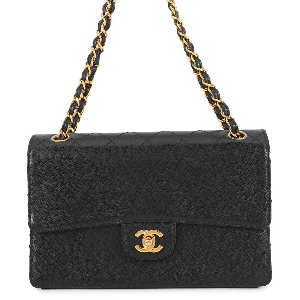 CHANEL Matelasse Single Flap ChainShoulder Bag Black Caviar Leather Size 25