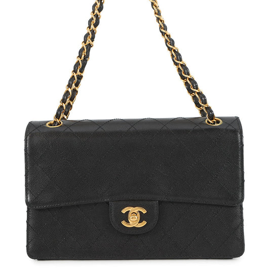 CHANEL Matelasse Single Flap ChainShoulder Bag Black Caviar Leather Size 25