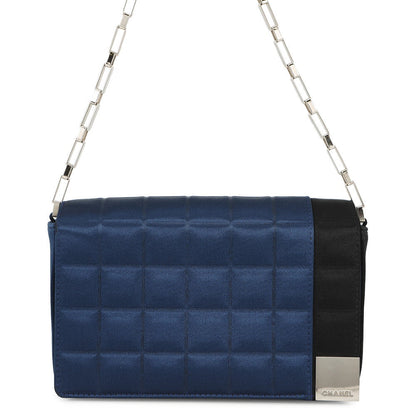 CHANEL Chocolate Bar ChainShoulder Bag Blue/Black Satin
