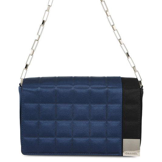 CHANEL Chocolate Bar ChainShoulder Bag Blue/Black Satin