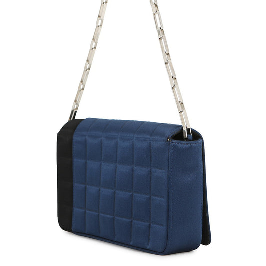 CHANEL Chocolate Bar ChainShoulder Bag Blue/Black Satin