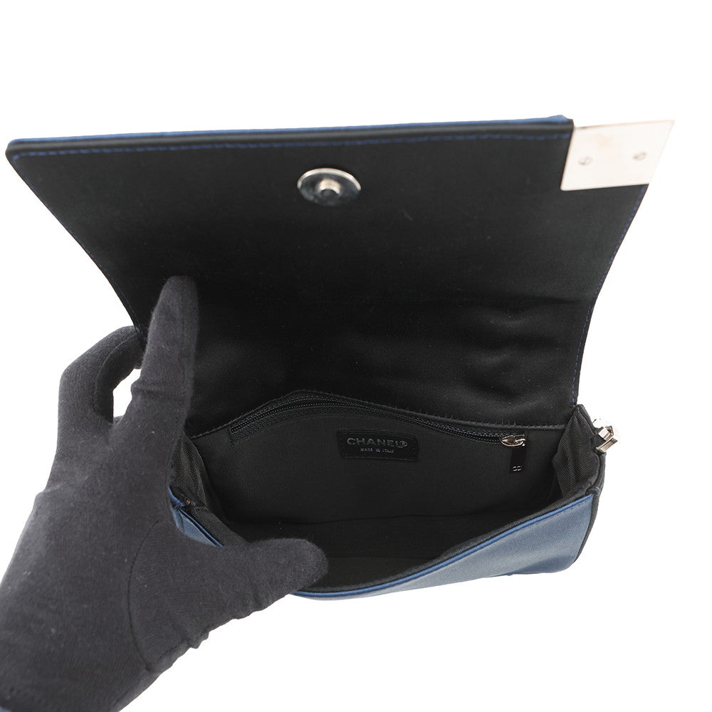 CHANEL Chocolate Bar ChainShoulder Bag Blue/Black Satin