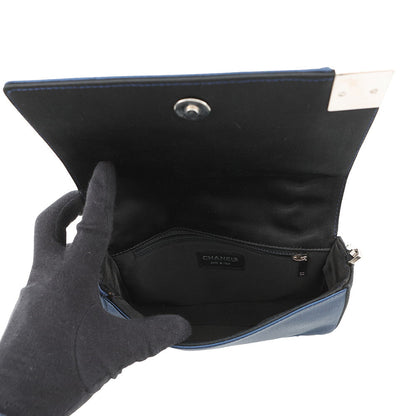 CHANEL Chocolate Bar ChainShoulder Bag Blue/Black Satin