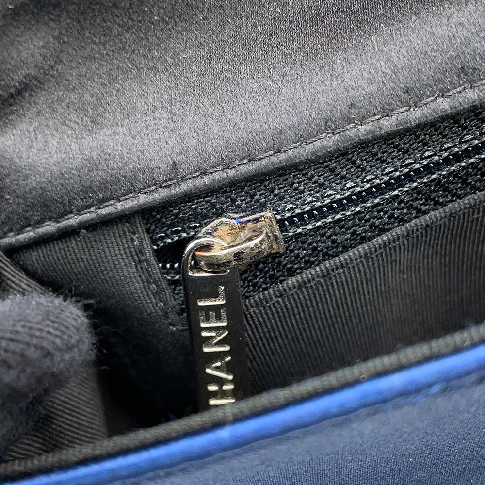 CHANEL Chocolate Bar ChainShoulder Bag Blue/Black Satin