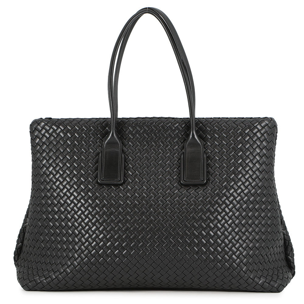 Bottega Veneta INTRECCIATO Snap Tote Bag Black Leather