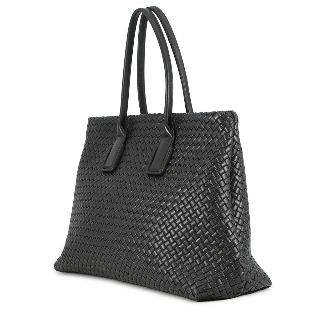 Bottega Veneta INTRECCIATO Snap Tote Bag Black Leather