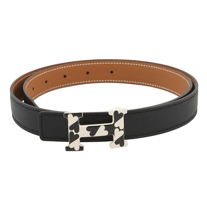 HERMES H enamel cool buckle reversible belt Black/Gold Swift Leather Epsom Size 85