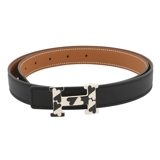 HERMES H enamel cool buckle reversible belt Black/Gold Swift Leather Epsom Size 85