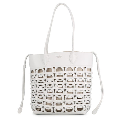 Ferragamo Gancini Tote Bag Optical White21A012 Calf Leather Size Medium