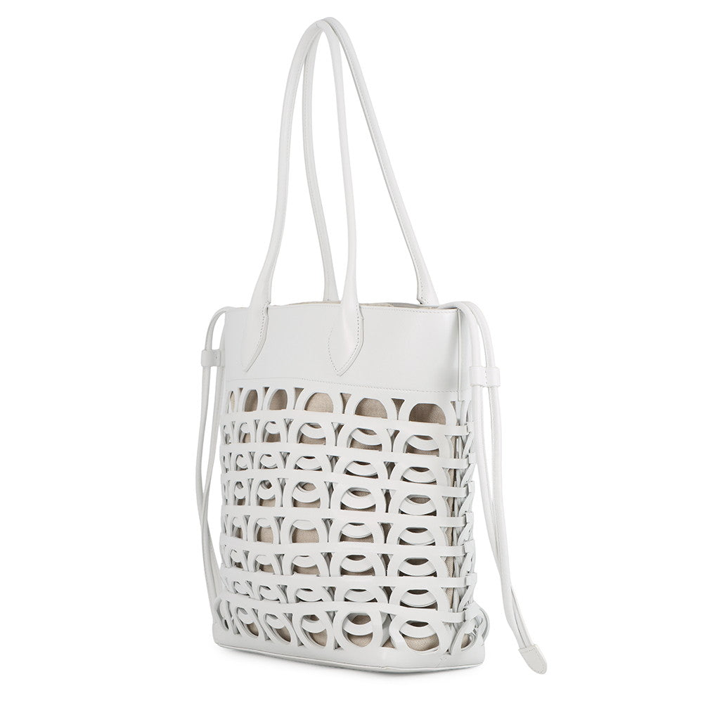 Ferragamo Gancini Tote Bag Optical White21A012 Calf Leather Size Medium