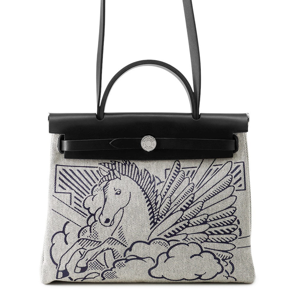 HERMES Herbag Zip Pegasus Pop Black/Blue Indigo/Ecru Toile H Vache Hunter Leather Size PM