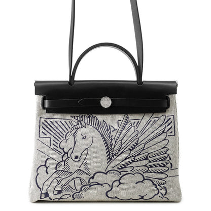 HERMES Herbag Zip Pegasus Pop Black/Blue Indigo/Ecru Toile H Vache Hunter Leather Size PM
