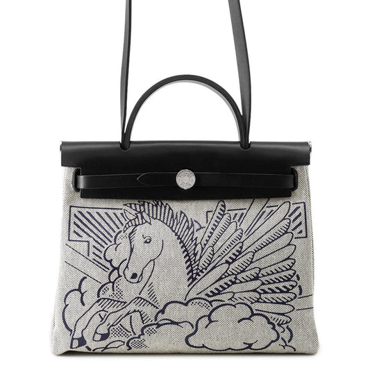 HERMES Herbag Zip Pegasus Pop Black/Blue Indigo/Ecru Toile H Vache Hunter Leather Size PM