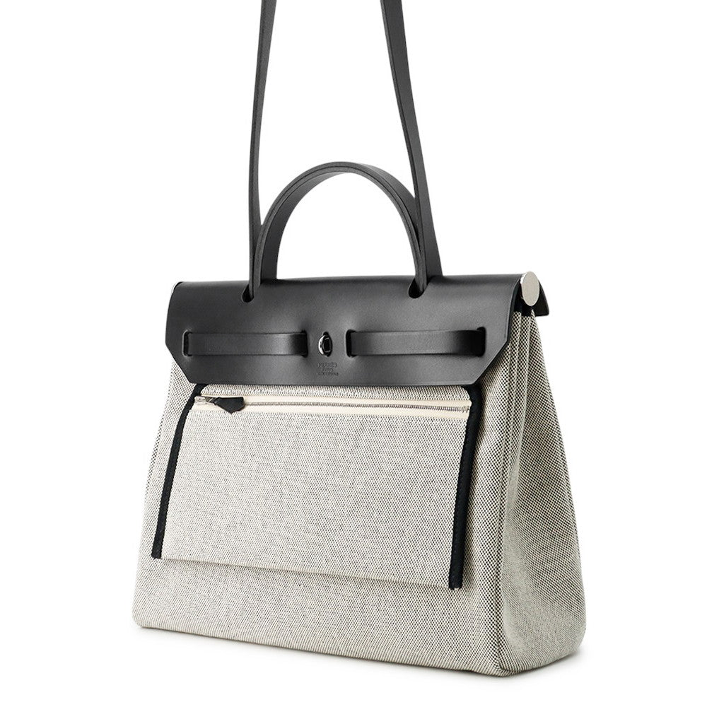 HERMES Herbag Zip Pegasus Pop Black/Blue Indigo/Ecru Toile H Vache Hunter Leather Size PM
