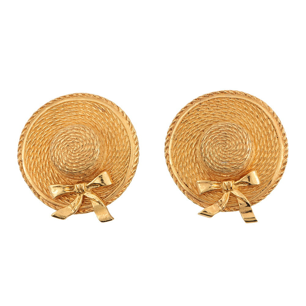 CHANEL Straw Hat Motif Earrings Gold Gold Plated