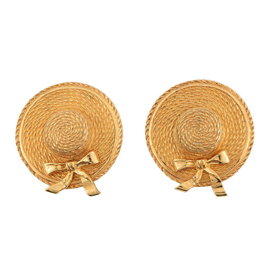 CHANEL Straw Hat Motif Earrings Gold Gold Plated