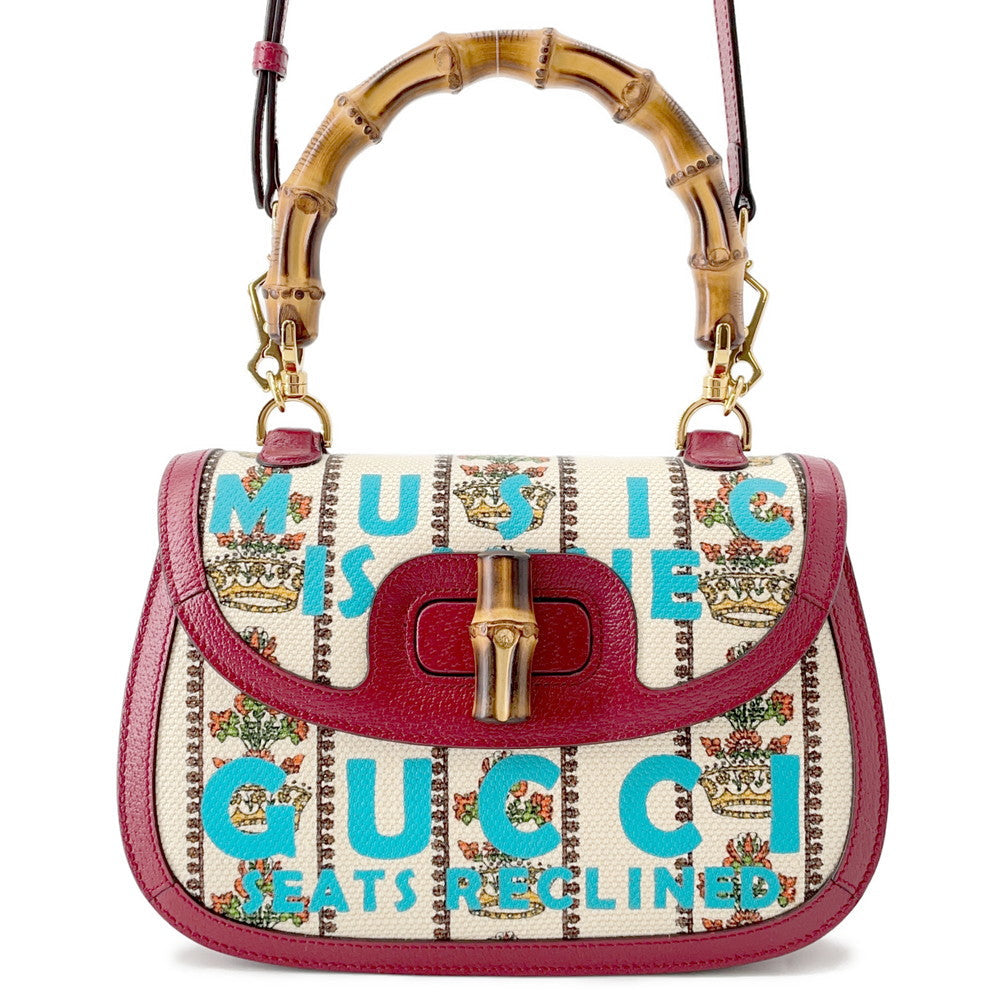 GUCCI MUSIC IS MINE Bamboo 3WAY Handbag Red/Ivory679632 Leather Canvas Size Medium