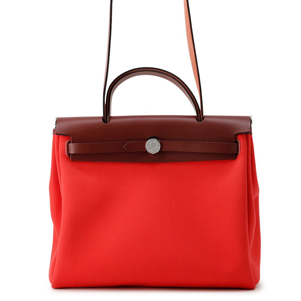 HERMES Herbag zip RougeSellier Toile Officier Box Calf Leather Size PM
