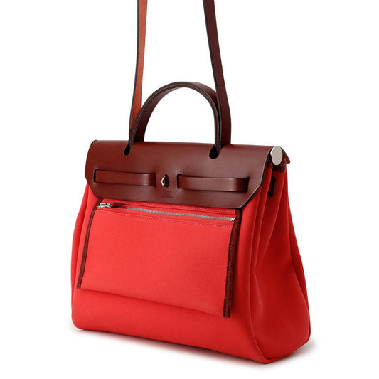 HERMES Herbag zip RougeSellier Toile Officier Box Calf Leather Size PM