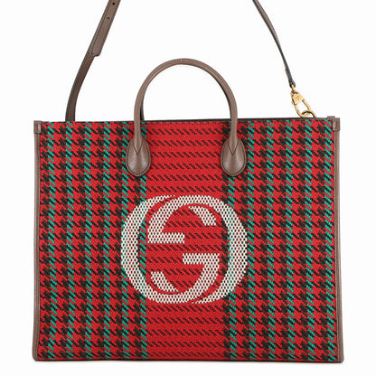 GUCCI Interlocking G Tote Bag Red/Brown/Multicolor644994 Tweed Leather