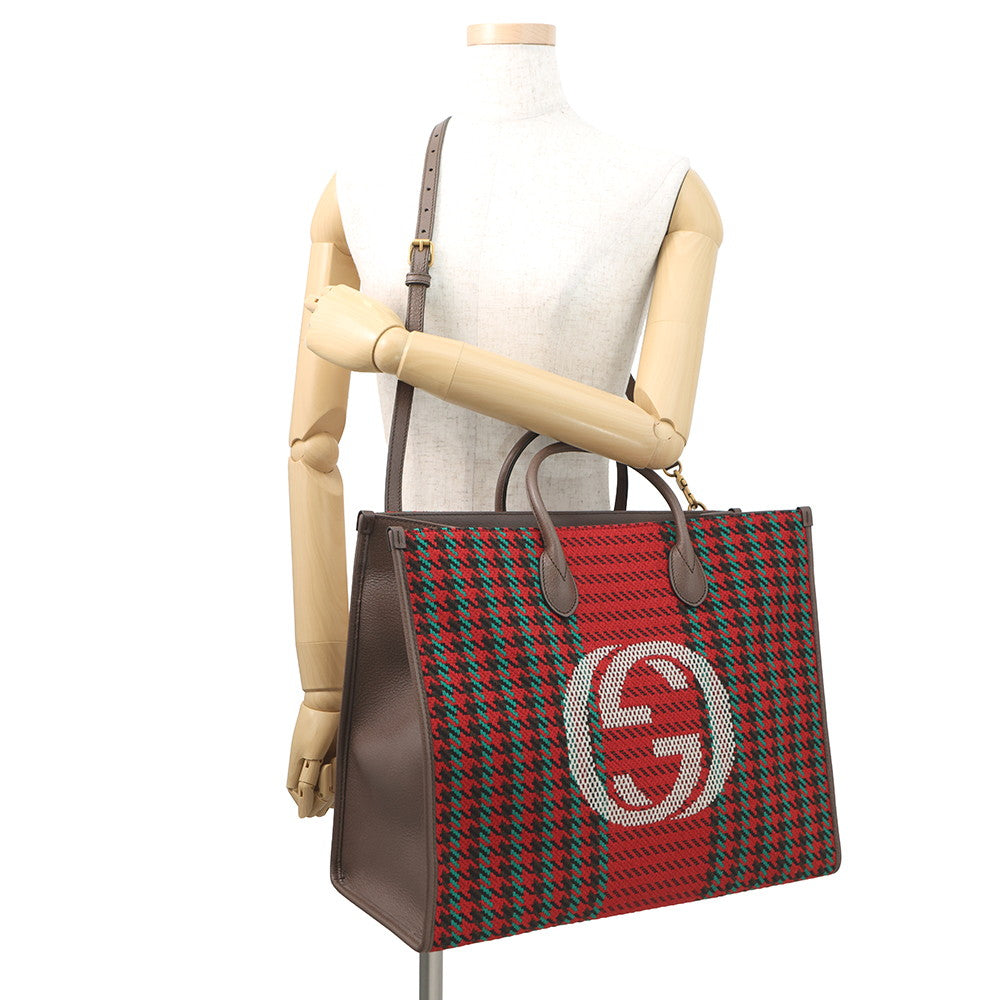 GUCCI Interlocking G Tote Bag Red/Brown/Multicolor644994 Tweed Leather