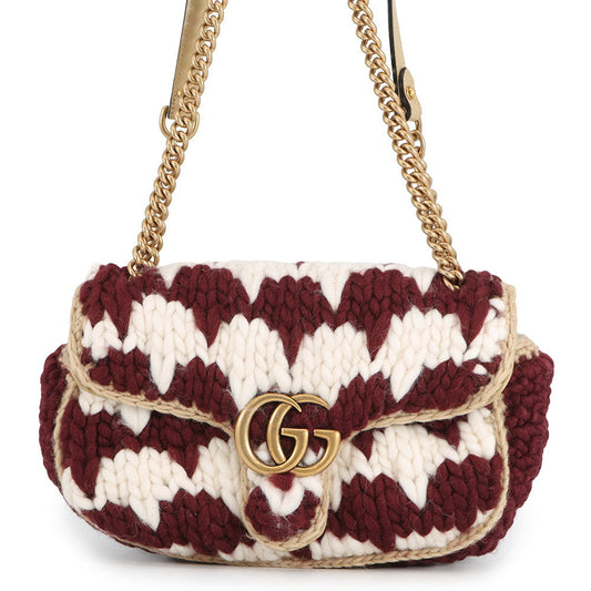 GUCCI GG Marmont Knit Shoulder Bag Bordeaux/White443497 Wool Leather