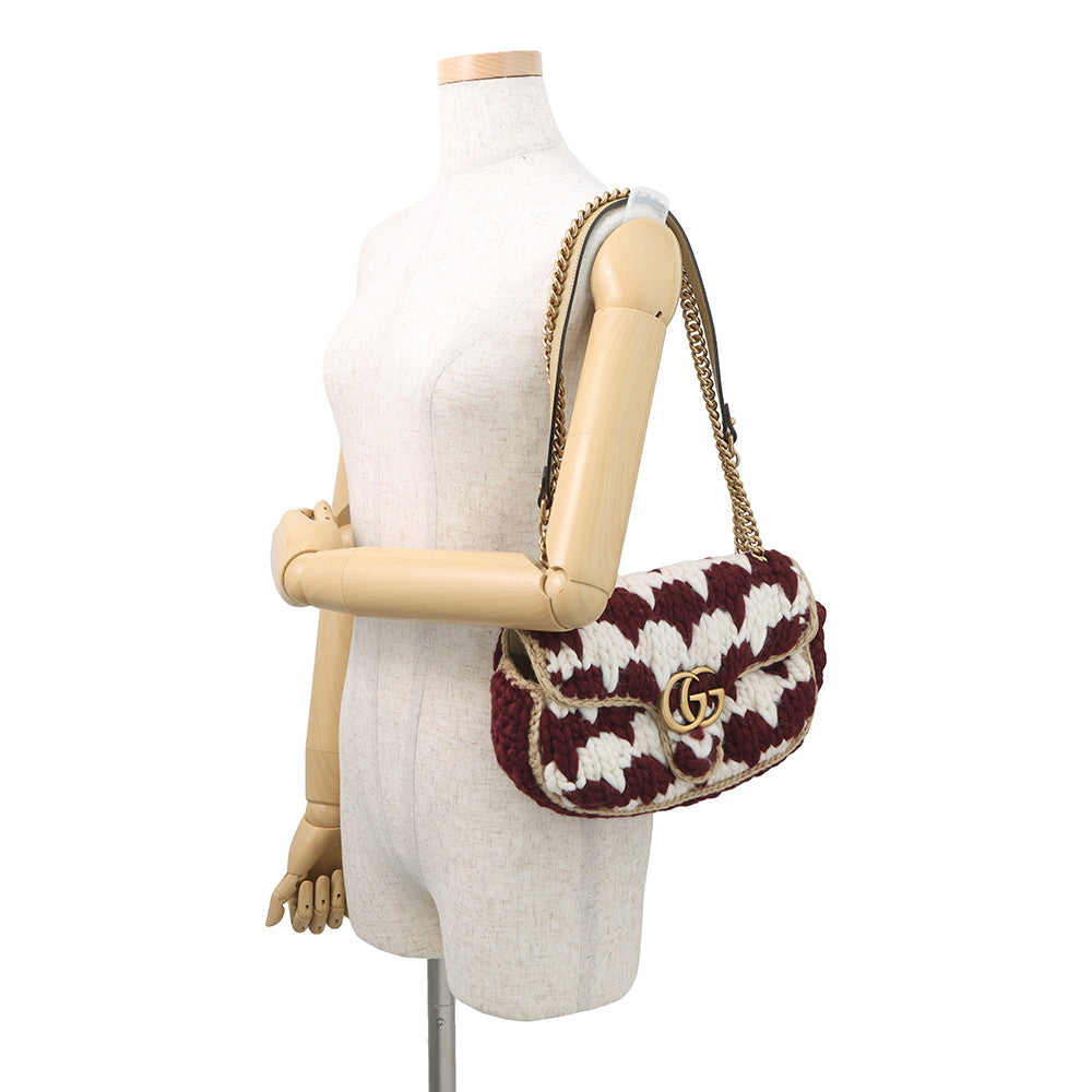 GUCCI GG Marmont Knit Shoulder Bag Bordeaux/White443497 Wool Leather