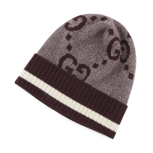 GUCCI GG logo knit hat Size M Bordeaux/White676827 Cashmere100%