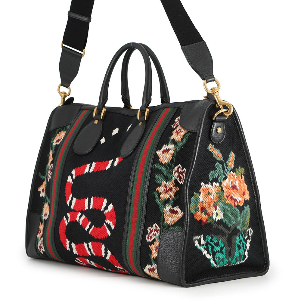 GUCCI Cherie Line Snake Travel Bag Black/Beige459291 Canvas Leather