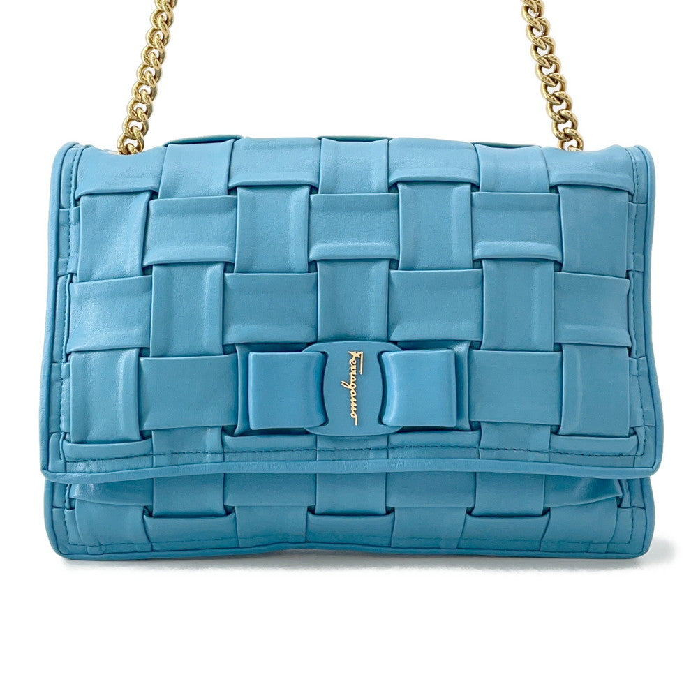 Ferragamo VIVA BOW Vara Ribbon Chainshoulder Bag Light Blue21I446 Leather
