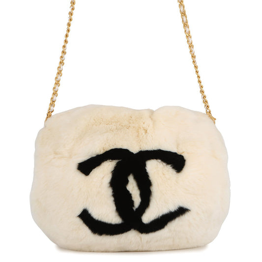 CHANEL Fur Arm Warmer Chain Shoulder Bag White/BlackA17714 Lapin 100%