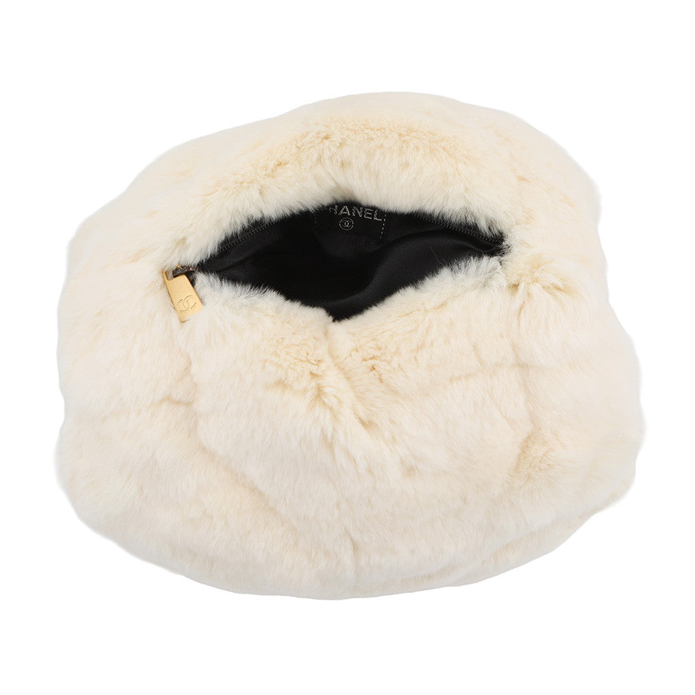 CHANEL Fur Arm Warmer Chain Shoulder Bag White/BlackA17714 Lapin 100%